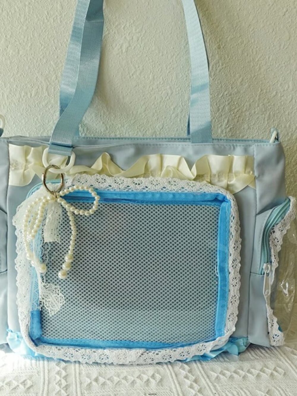BLUE Lace Ita Bag Crossbody, Kawaii Pearl Bow Shoulder Bag Y2K Messenger Itabag